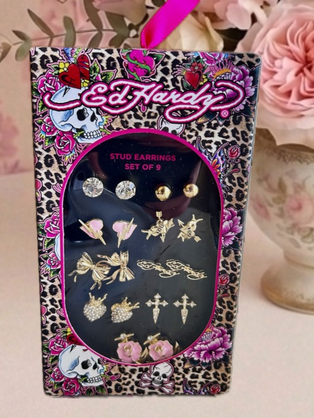 Ed Hardy Gold and Pink 9-Pair Stud Earring Set